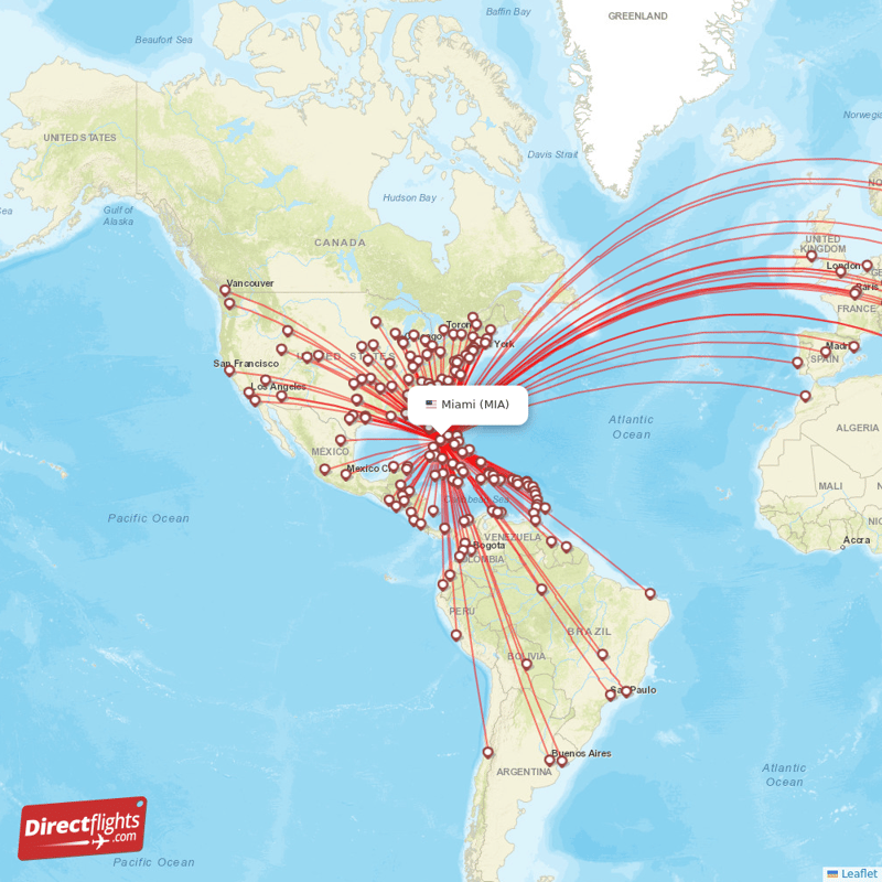 Direct flights from Miami - 186 destinations - MIA, USA - Directflights.com